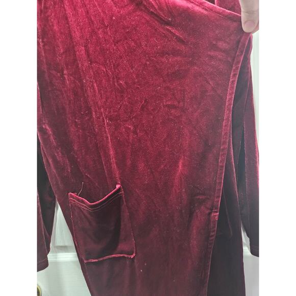 Red Burgundy Crushed Velvet Velour Long Cardigan Duster Topper Sz L Holiday - Picture 2 of 7